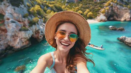 young woman wearing hat enjoying travel and adenture at a exotic beach making a selfie