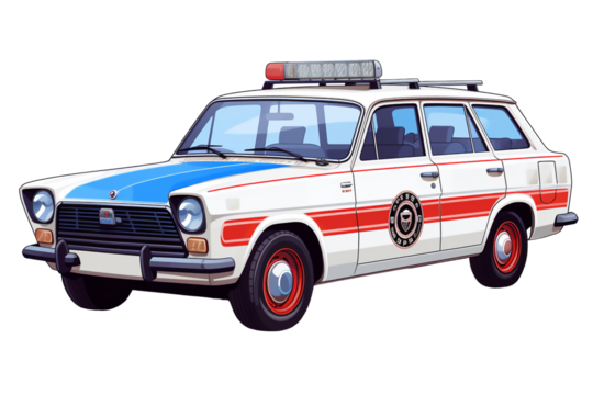 The car is a classic police car from the 1970s. It has a white body with red and blue stripes on the side. The car also has a siren on the roof.