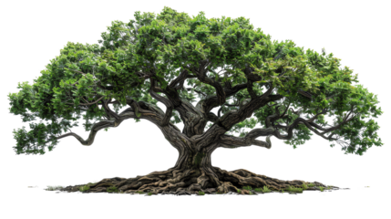 The image shows a large and ancient tree with a thick trunk and long branches. The tree is surrounded by a lush green forest.