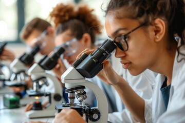 Group of college students performing experiment using microscope in science lab. University focused student looking through microscope in biology class. High school girl examine samples during lecture
