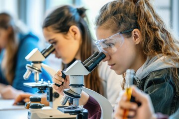Group of college students performing experiment using microscope in science lab. University focused student looking through microscope in biology class. High school girl examine samples during lecture