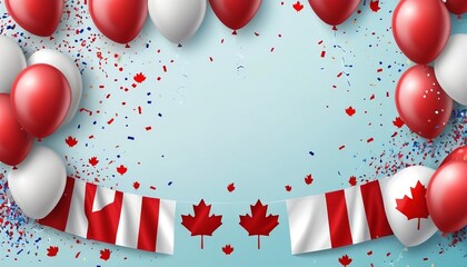 1st of July. Canada independence day celebration background with balloons, flag and confetti. Festive border flat lay. Vector illustration digital illustration created with generative ai.