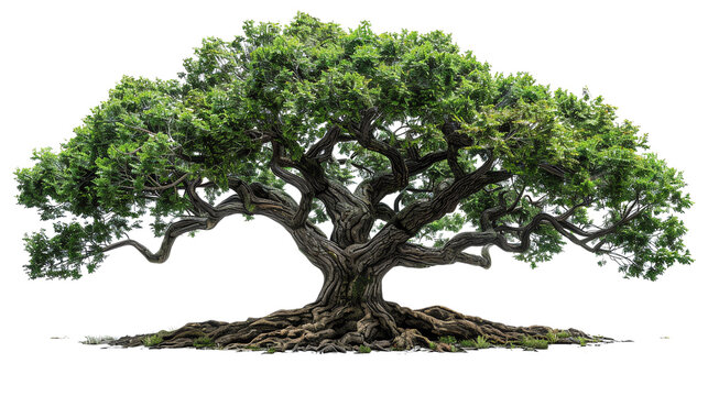 The image shows a large and ancient tree with a thick trunk and long branches. The tree is surrounded by a lush green forest.