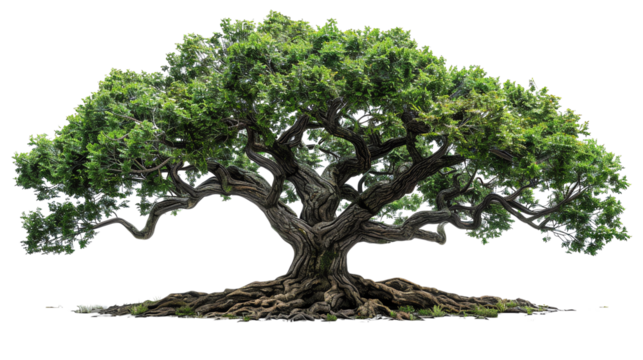 The image shows a large and ancient tree with a thick trunk and long branches. The tree is surrounded by a lush green forest.
