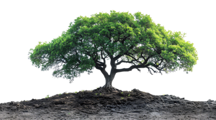The photo shows a large tree with a lush green canopy. The tree is growing in a dry, arid landscape. The photo is taken from a low angle, making the tree appear even more majestic.