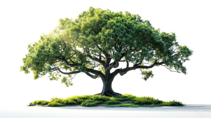 The photo shows a large, green tree with a thick trunk and branches