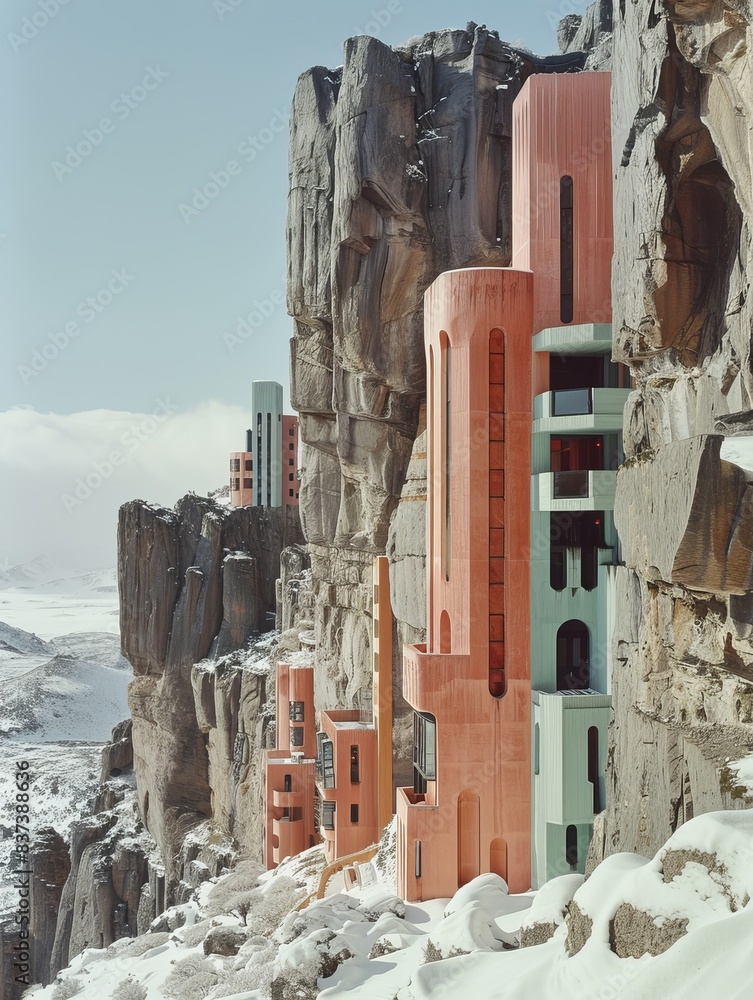 Wall mural spectacular futuristic cliffside architecture: impressive orange and blue apartment buildings on sno