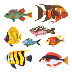 Fototapeta premium Collection tropical fish different species colorful aquatic life isolated white background. Brightly colored tropical fish, variety shapes sizes, cartoon style, marine life diversity graphic. Exotic
