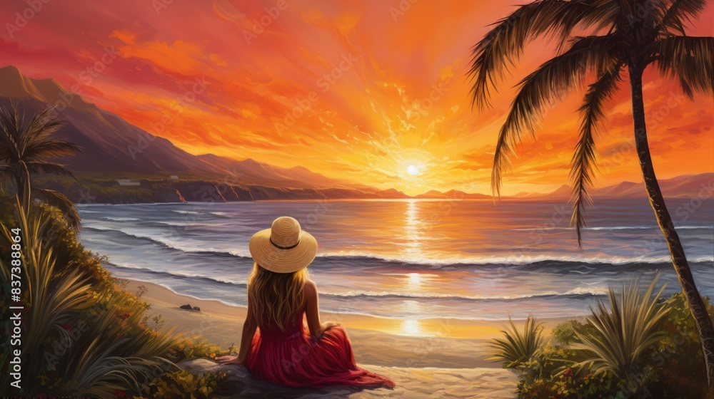 Wall mural person on the beach at sunset - Wall murals