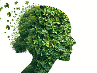 Green Head Silhouette Made of Leaves