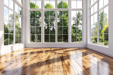 Large windows filling an empty room with hardwood flooring with streaming sunlight