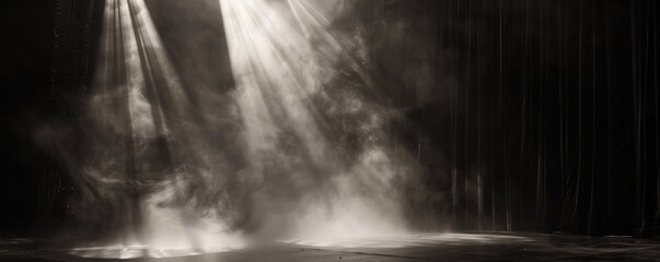 A spotlight is shining on a stage with smoke and fog. Scene is mysterious and dramatic