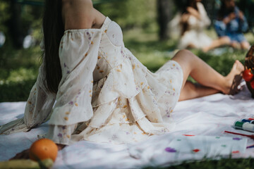 A serene moment captured as sisters relax on a picnic blanket in a park, surrounded by green trees...