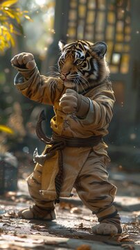 Photography Baby a tiger is doing a martial artsmove, happy,in the style of historical themes,