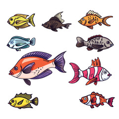 Fototapeta premium Collection colorful tropical fish cartoons isolated white. Vibrant marine life aquatic creatures illustration. Set exotic fish species drawings, handdrawn animal designs