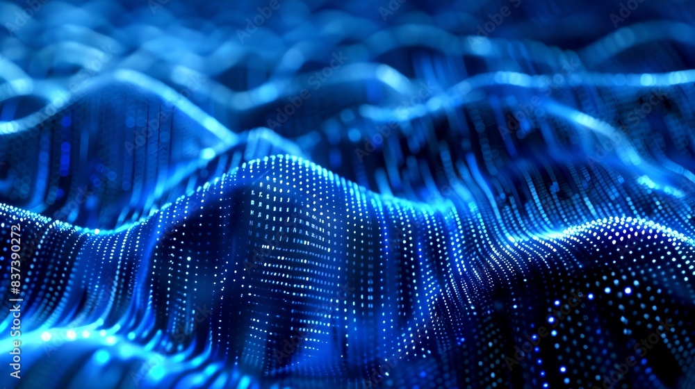 Poster abstract digital waves in blue tones, depicting data flow concept. ideal for technology and cyber th