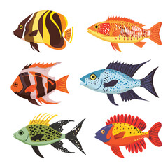 Colorful tropical fish illustrations showcasing different species vibrant patterns scales fins. Cartoon fish collection displays various shapes sizes marine life underwater. Set flat design exotic