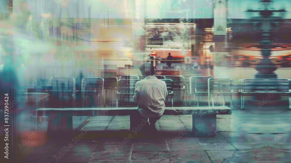 Wall mural A man sitting on a bench in front of an empty building, AI