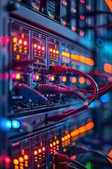Obraz premium Closeup on network switch, vibrant cables locked in, status LED indicators, heart of data center