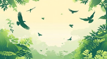 Silhouettes of birds flying over a lush green jungle canopy. The wonders of nature, animals and ecosystems concept.
