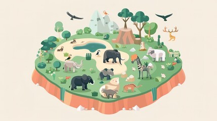 Isometric illustration of a diverse ecosystem with various animals and plants. The wonders of nature, animals and ecosystems concept.