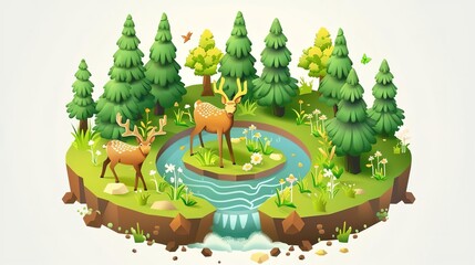 Two deer standing in a lush forest clearing by a river. The wonders of nature, animals and ecosystems concept.