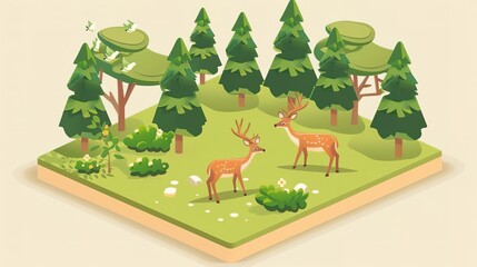 Fototapeta premium Isometric illustration of two deer in a forest clearing. The wonders of nature, animals and ecosystems concept.