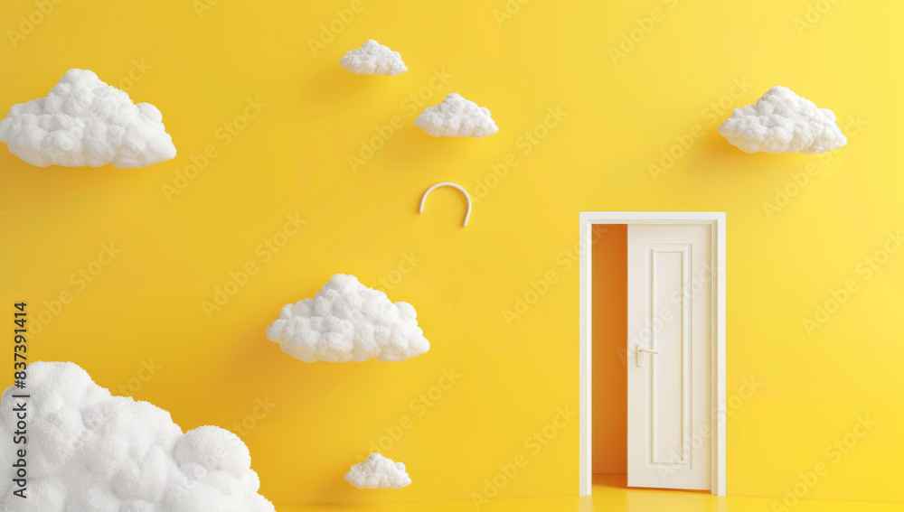 Poster minimalist yellow background with small white cloud and door shapes, floating in the air, creating a