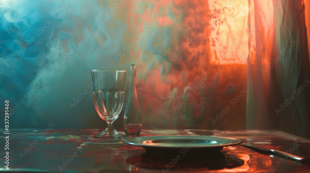 Canvas Prints A glass and a wine goblet on the table in front of an abstract painting, AI