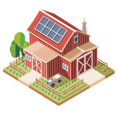 Isometric farm house red wooden barn architecture surrounded fence green tree pickup truck isolated white background. Farming rural property exterior farmland countryside eco friendly living