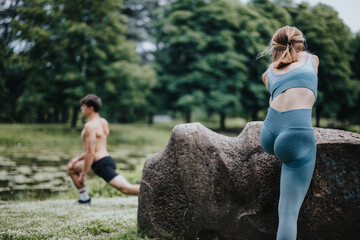 Two individuals engage in warm-up calisthenics exercises near a rock in a peaceful park. One is...