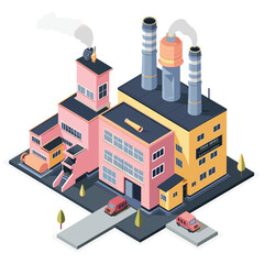 Isometric industrial factory building vector illustration. Pink yellow manufacturing plant smokestacks emitting smoke, vehicles nearby. Detailed industrial architecture, isometric design style