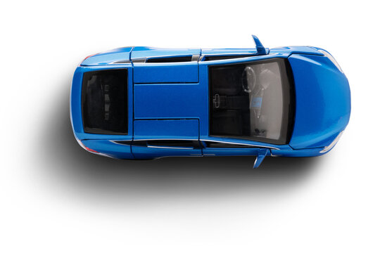 Studio shot of a blue Tesla Model X 90D toy car, captured from a perfect top down perspective on a transparent background