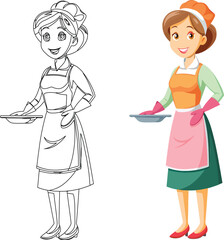 Cheerful cartoon housemaids with trays
