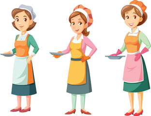 Cheerful cartoon housemaids with trays