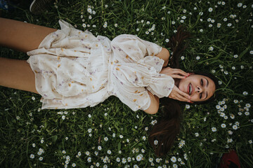 A joyful young girl relaxes on a sunny day, lying in a grassy park surrounded by small white...