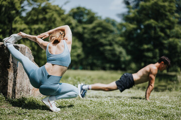 Two individuals engaged in calisthenics and stretching exercises outdoors, depicting fitness...