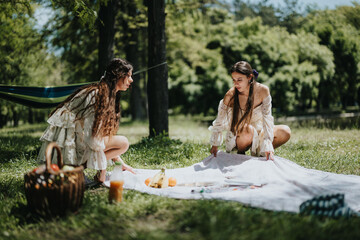 In a vibrant outdoor setting, two young women prepare a picnic on a white blanket, surrounded by...