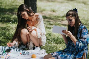 Two sisters relax and explore their creativity with art supplies on a picnic blanket in a sunny...