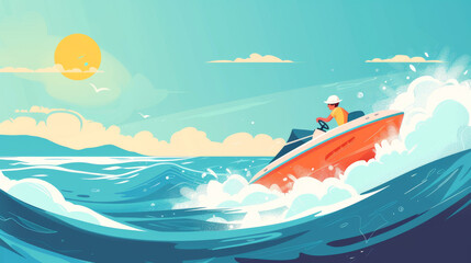 A person enjoying a sunny summer day on a speedboat, with waves splashing