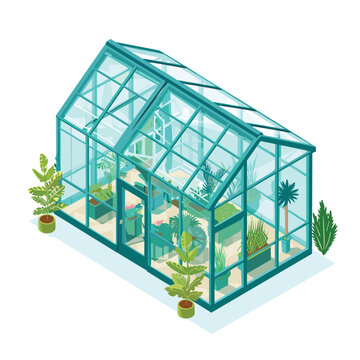 Isometric greenhouse surrounded potted plants. Glass walls, blue frame, indoor vegetation. Greenhouse gardening, plants cultivation, isometric illustration