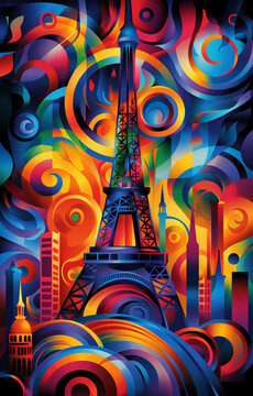 Dynamic illustration of Paris featuring the Eiffel Tower, adorned with colorful, swirling designs and bright tones.