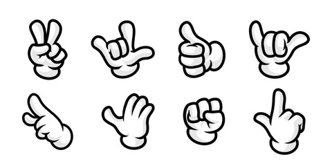 Hand gesture cartoon style set. Palm white glove gestures.