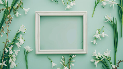 Photo frame in gentle pastel colors on spring background 