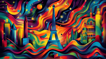 Colorful abstract representation of the Paris skyline, emphasizing the Eiffel Tower with striking swirling patterns.