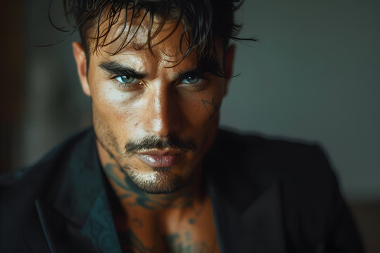 An intimidating and powerful Italian mafia billionaire with tanned skin, wearing a luxurious black suit and a tattoo on his neck, looking at the camera with a sensual and piercing gaze.