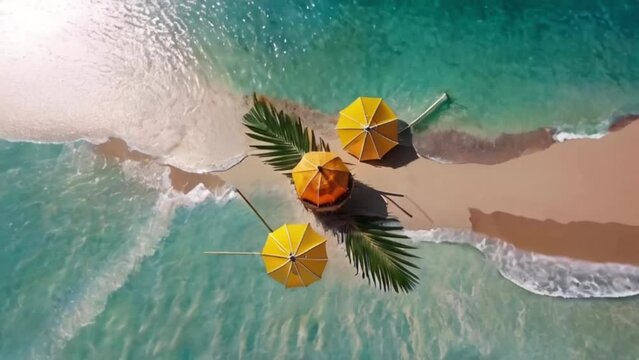 Tropical beach concept made of coconut fruit and sun umbrella. Creative minimal summer idea,4k digital video created with generative ai.  