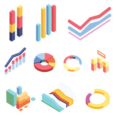 Collection colorful isometric 3D graphs charts including bar, line, pie graphs, good presentation data business reports. Vibrant statistical data visualizations featuring various types, suitable