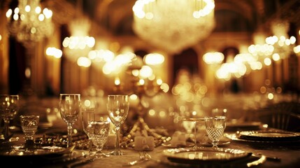 A fancy dining room with chandeliers and crystal glasses on tables, AI