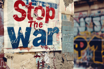 Weathered "Stop The War" Poster on Graffiti-Covered Wall